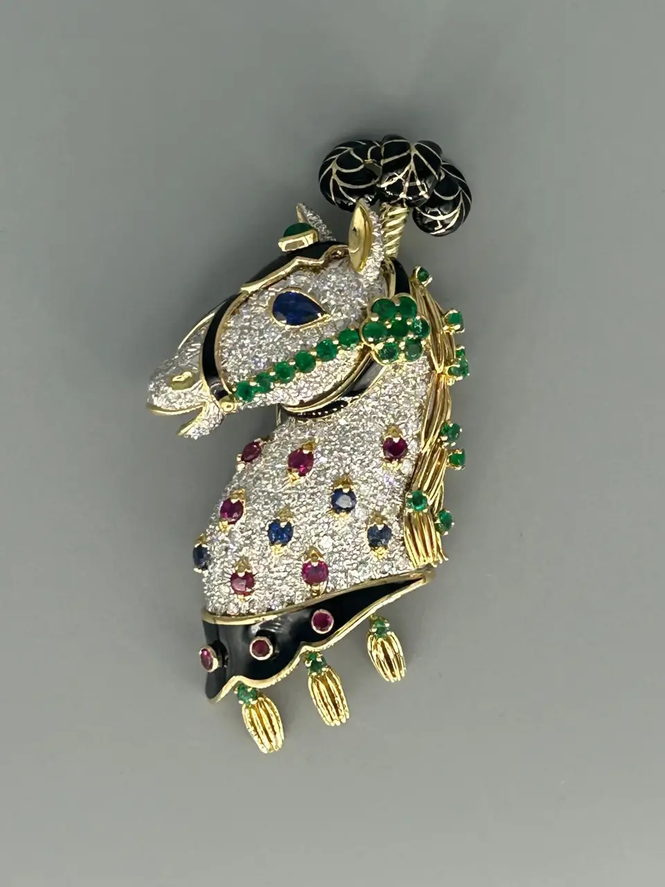 David Webb Lipizzaner Horse clip-brooch in diamonds, colored gemstones, black enamel and yellow gold