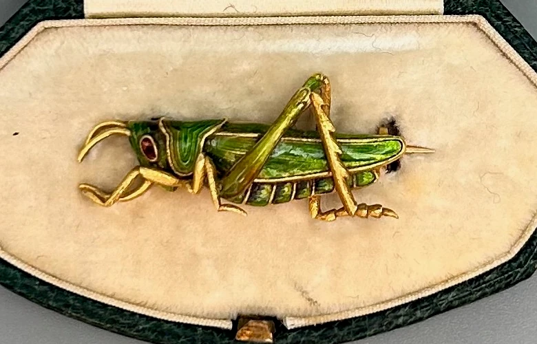 Antique French 18 kt Gold and Enamel "Grasshopper" Brooch